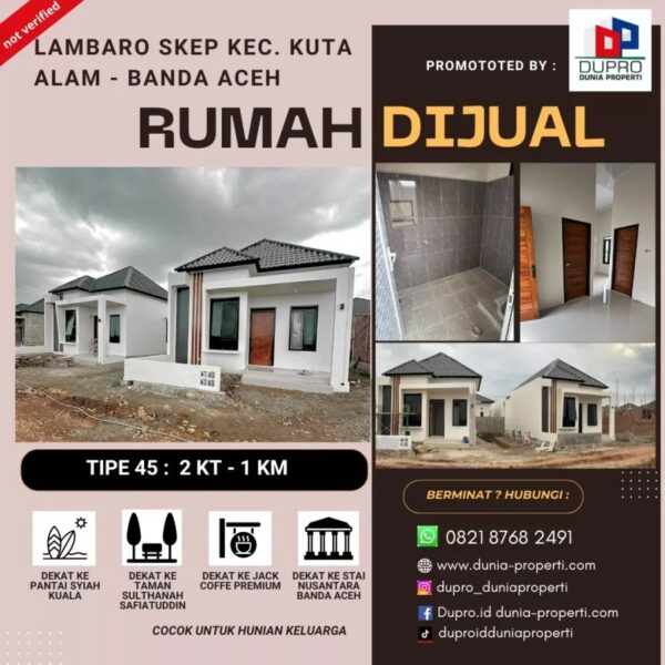 Rumah Minimalis Tipe 45 di Lambaro Skep Harga 275 juta – Siap Huni