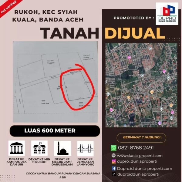 Dijual Tanah 600 m Lokasi di Rukoh Banda Aceh Dekat UIN & USK Murah