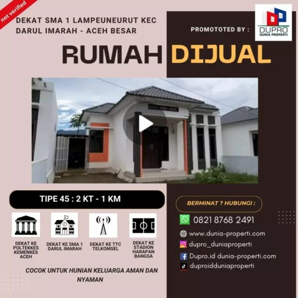 Rumah Strategis Tp 50 Siap Huni Dekat SMA 1 Lampeuneurut Darul Imarah