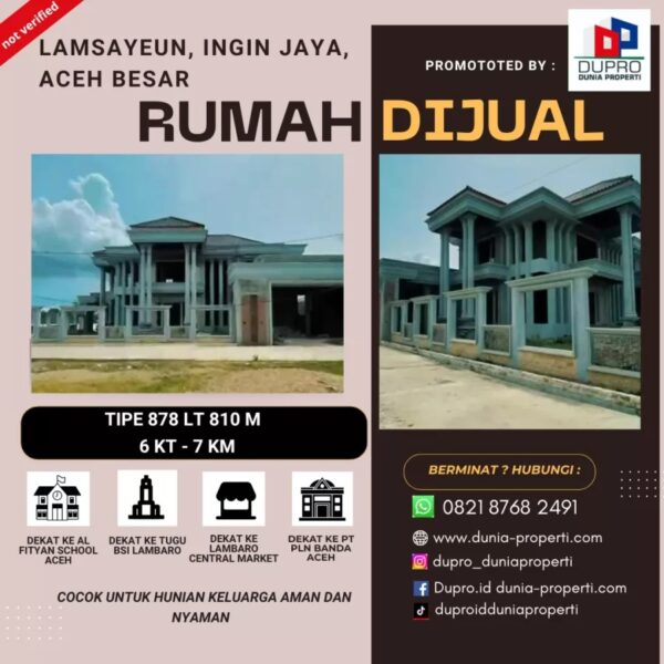 Rumah Mewah Siap Finishing di Lokasi Strategis Ingin Jaya Aceh Besar