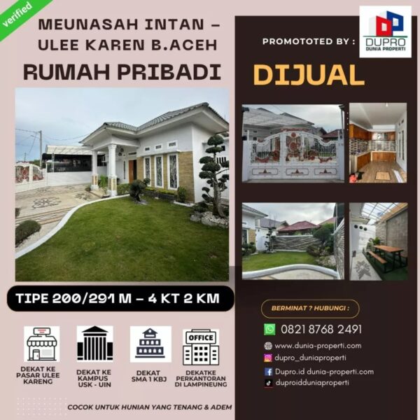 9 Ulee Kareng – Rumah Cantik dijual Tipe 200 Tanah 291 m Banda Aceh