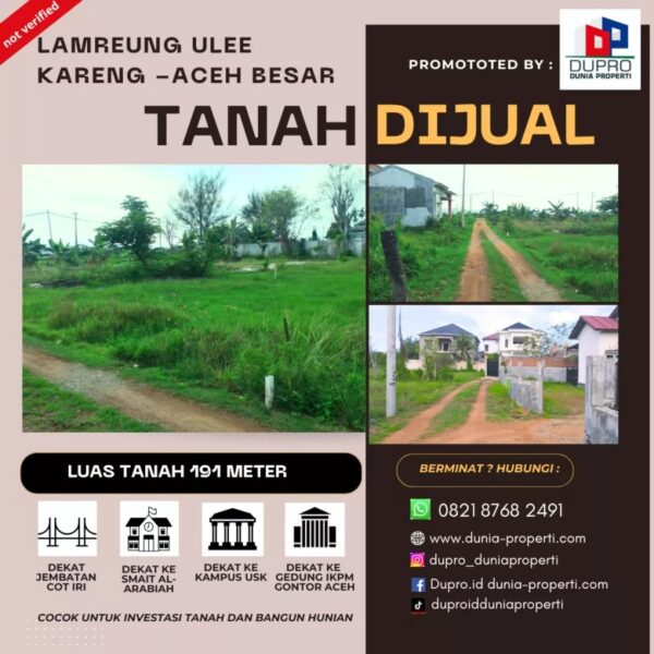 91 Dijual Tanah 191 m² di Lamreung Ulee Kareng, Aceh Besar – Lokasi Asri