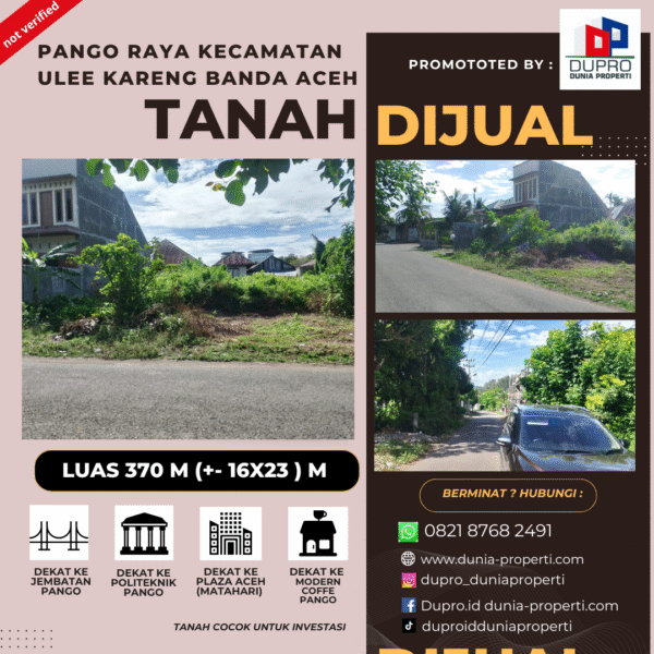 Tanah Dijual Pango Raya Banda Aceh Luas 370m² Harga 2,5jt/m²