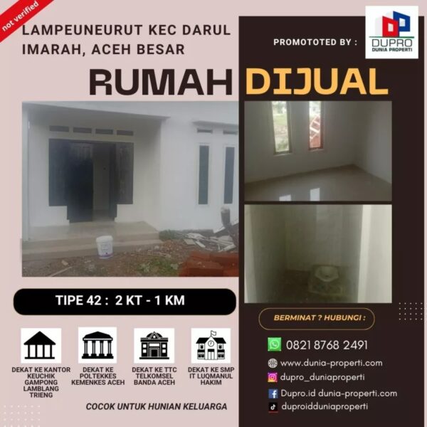 Rumah Tipe 42 di Lampeuneurut Luas 170 m– Strategis & Harga Terjangkau