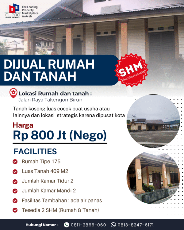 Dijual Rumah dan Tanah Strategis di Takengon – Lokasi Pusat Kota