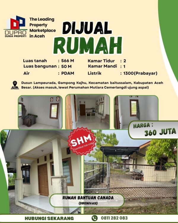 Rumah Dijual di Kajhu Aceh Besar - Luas Tanah 566 m² - Legalitas SHM
