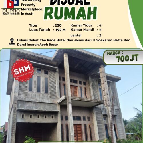 Dijual Rumah 2 Lantai SHM Dekat The Pade Hotel | LT 192 m² | Darul Imarah Aceh Besar